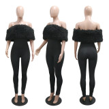 One shoulder hairy spliced milk silk jumpsuit slim fit pants