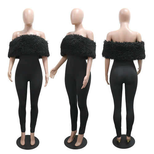 One shoulder hairy spliced milk silk jumpsuit slim fit pants