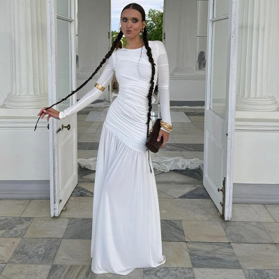 Pleated round neck long sleeved dress