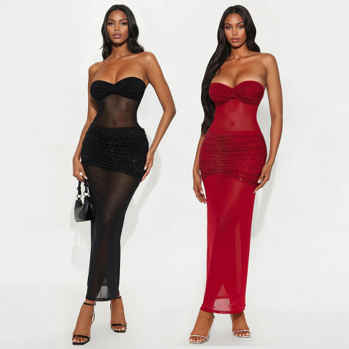 Strapless milk silk splicing mesh hot stamping dress, long skirt