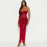 Strapless milk silk splicing mesh hot stamping dress, long skirt