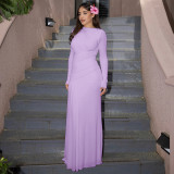 Wrinkled zipper round neck long sleeved dress