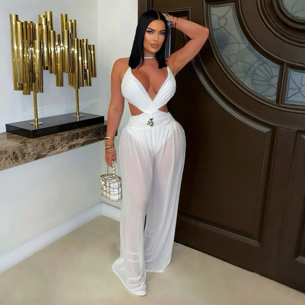 V-neck lace up backless see through jumpsuit pants