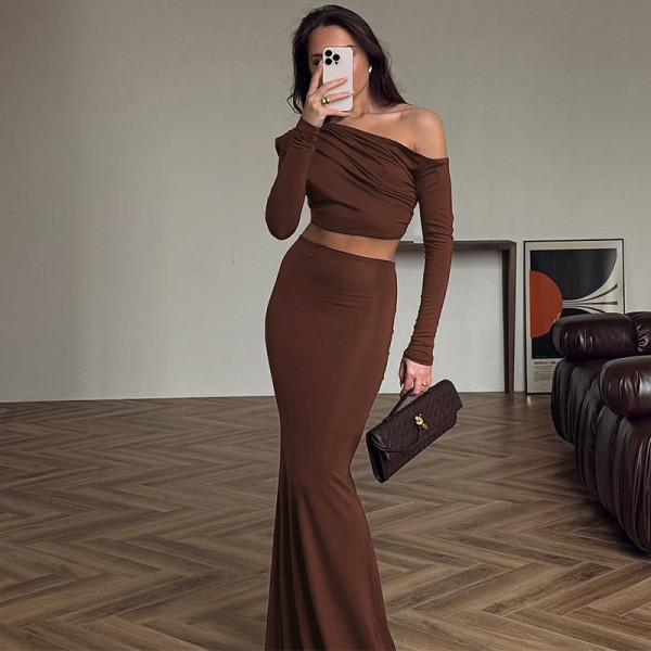 Off shoulder long sleeved top and skirt set