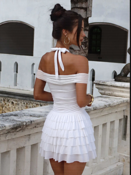 Strapless and neck hanging dress, short skirt