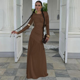 Pleated round neck long sleeved dress