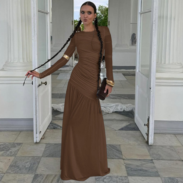 Pleated round neck long sleeved dress