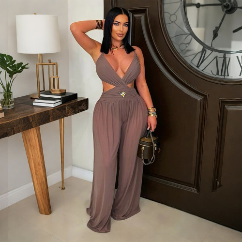 V-neck lace up backless see through jumpsuit pants