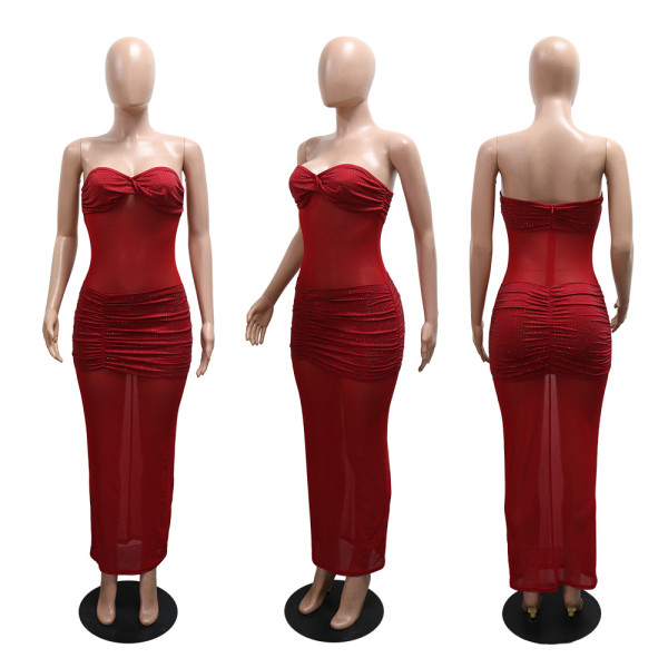 Strapless milk silk splicing mesh hot stamping dress, long skirt
