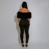 One shoulder hairy spliced milk silk jumpsuit slim fit pants