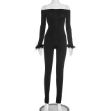One shoulder hairy long sleeved split leg jumpsuit