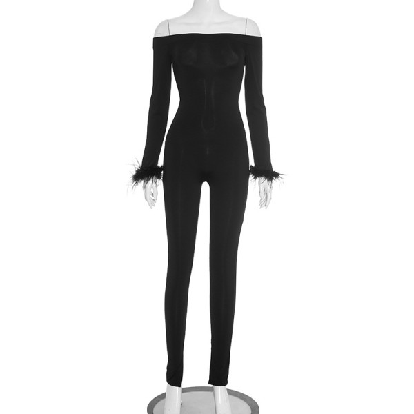 One shoulder hairy long sleeved split leg jumpsuit