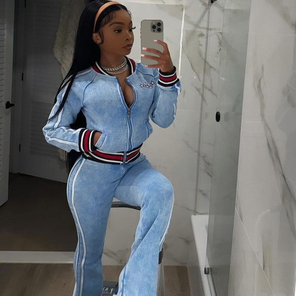 Color blocked zipper short top and pants set