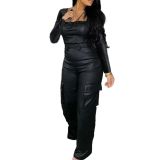 Off shoulder strapless tight waist PU leather jumpsuit