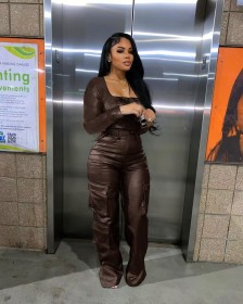 Off shoulder strapless tight waist PU leather jumpsuit