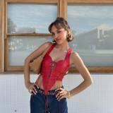 Low cut lace up irregular color blocked vest