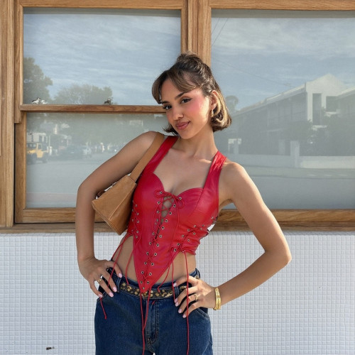 Low cut lace up irregular color blocked vest