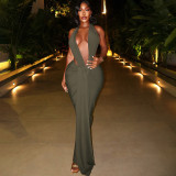 Sleeveless hanging neck, backless high waisted slit dress