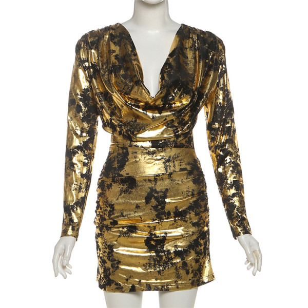Low cut swinging neck ice silk tight fitting hip hugging dress