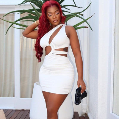 Hollow out hip hugging sleeveless slanted neck short dress