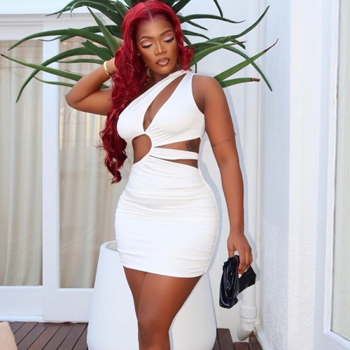 Hollow out hip hugging sleeveless slanted neck short dress