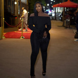 One shoulder hairy long sleeved split leg jumpsuit