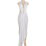 Sleeveless hanging neck, backless high waisted slit dress