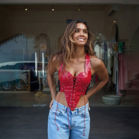 Low cut lace up irregular color blocked vest