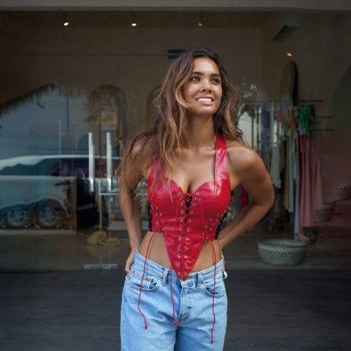 Low cut lace up irregular color blocked vest