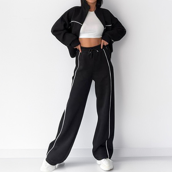 High-low zipper pull-over with drawstring sports sweatshirt set