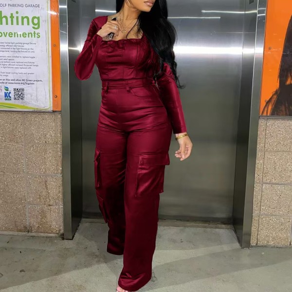 Off shoulder strapless tight waist PU leather jumpsuit