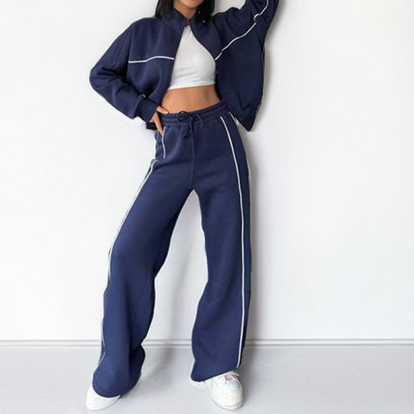 High-low zipper pull-over with drawstring sports sweatshirt set