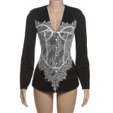 Lace-trimmed Button-Up V-Neck Blazer