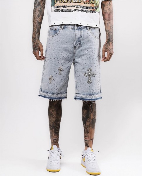 Cross straight tube rhinestone five quarter denim shorts