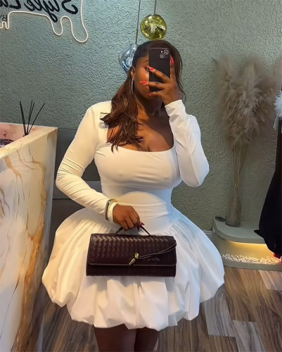 Square collar solid color long sleeved floral bud short skirt dress