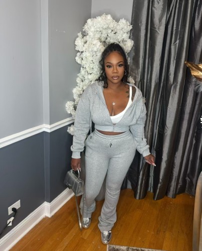 Hooded zipper long sleeved hoodie and pants set