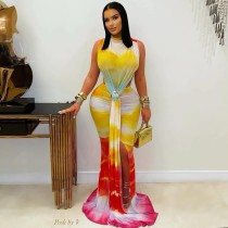 Sleeveless gradient strap wrapped hip long skirt dress