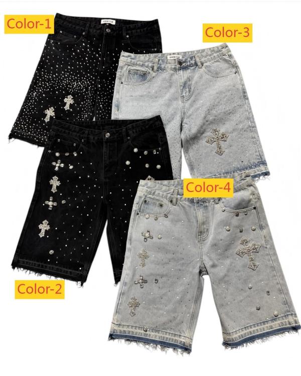 Cross straight tube rhinestone five quarter denim shorts