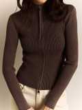 Stand up collar high waisted long sleeved knitted sweater with zipper top
