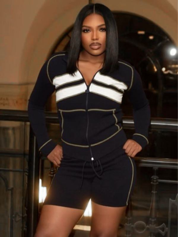 Waffle texture fabric contrasting splicing cardigan, drawstring shorts set