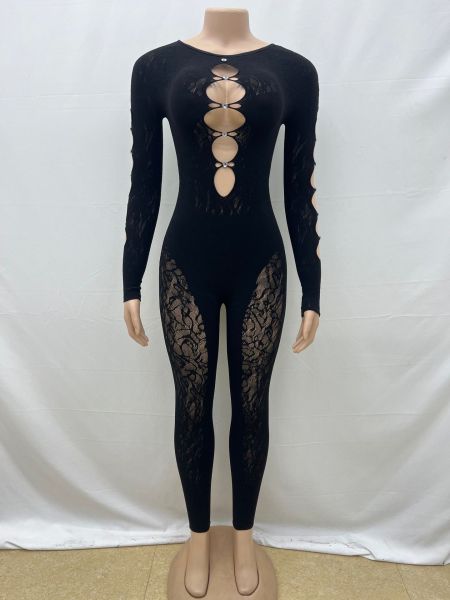 Round neck high-density lace integrated knitted nail drill jumpsuit