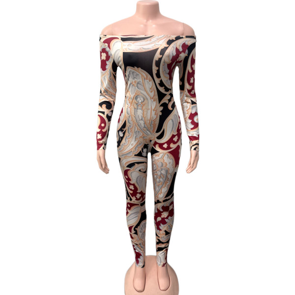 Printed one shoulder tight fitting hip lifting printed jumpsuit pants