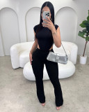 Round neck sleeveless black jumpsuit with hollowed out sides, two-piece pants set