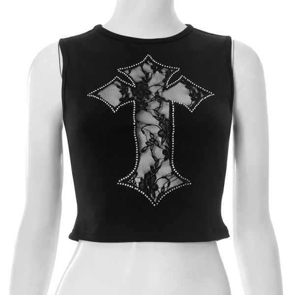 Embroidered rhinestone round neck sleeveless short crop top with exposed navel