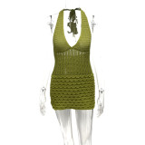 V-neck lace up hanging neck backless solid color hip hugging knitted dress