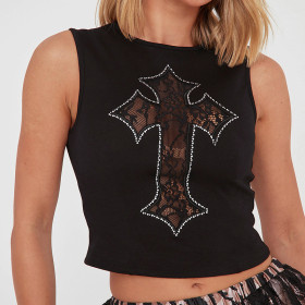 Embroidered rhinestone round neck sleeveless short crop top with exposed navel