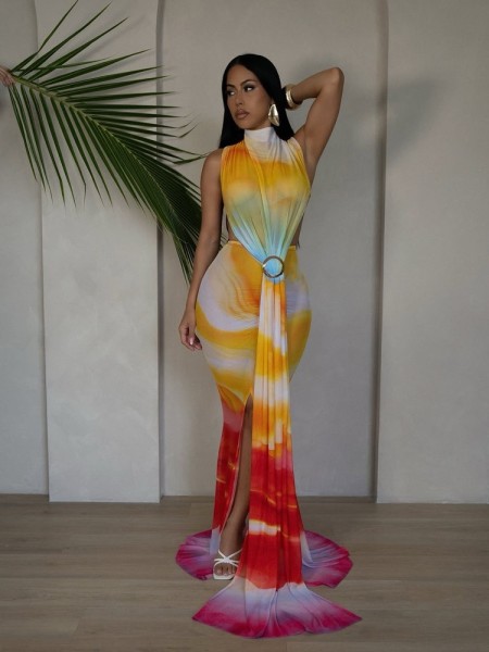 Sleeveless gradient strap wrapped hip long skirt dress
