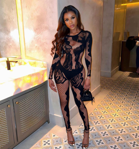 Long sleeved high needle lace hollow jumpsuit