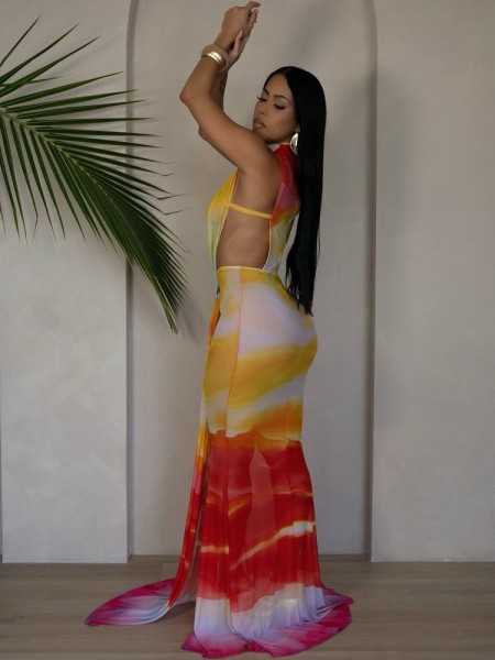 Sleeveless gradient strap wrapped hip long skirt dress