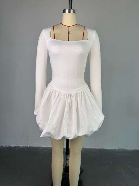 Square collar solid color long sleeved floral bud short skirt dress